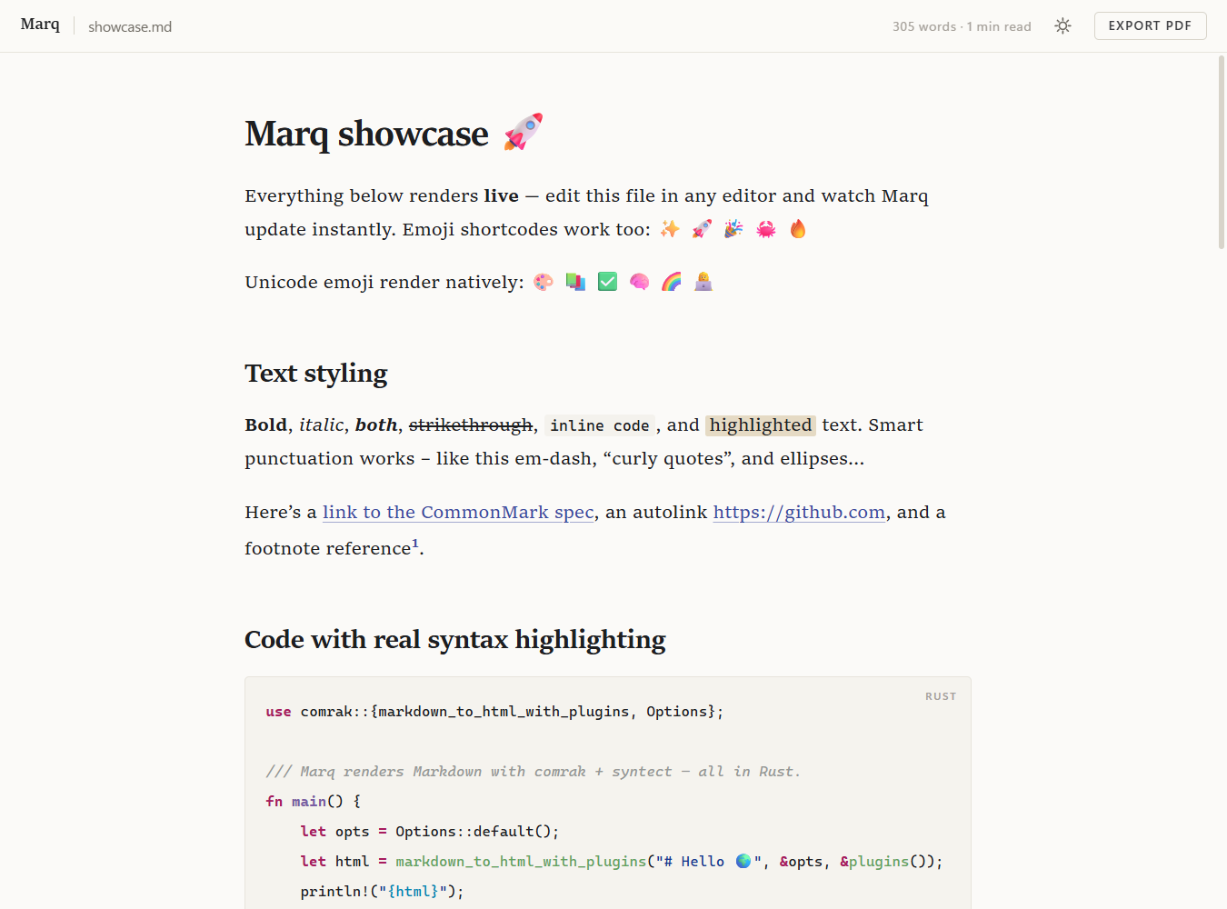 Marq light theme with typeset text, emoji and Rust syntax highlighting