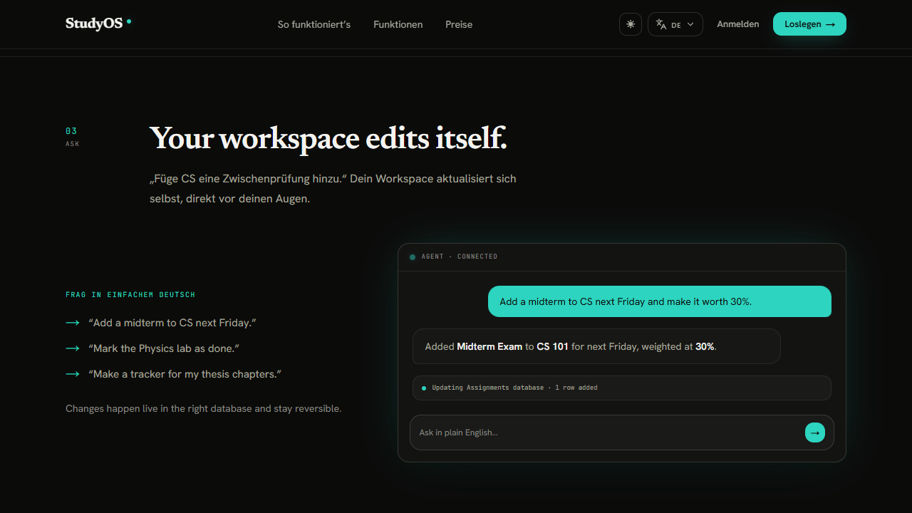 StudyOS assistant adding a weighted midterm to a workspace from a natural-language request